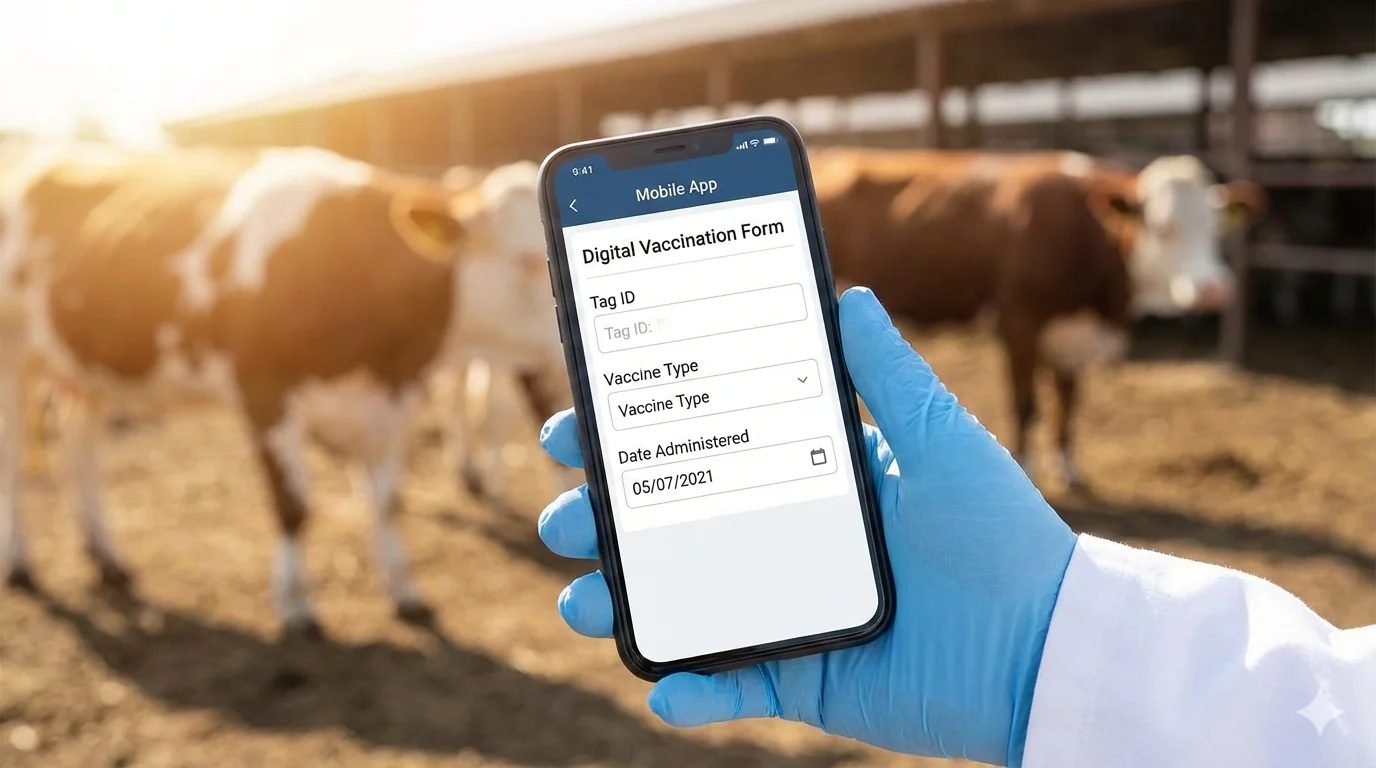 Veterinarian reviewing digital vaccination records on tablet at feedlot