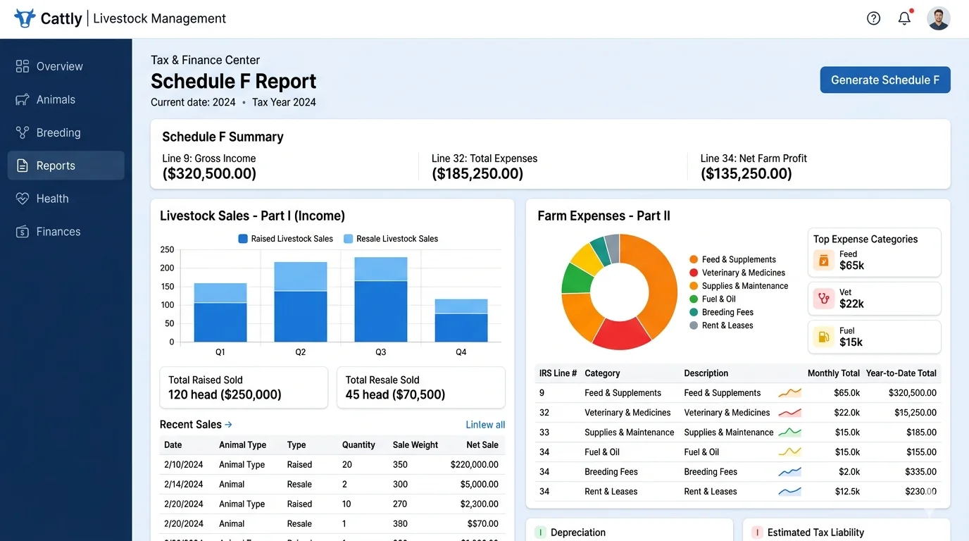 Schedule F Tax Report Dashboard Showing Livestock Sales and Expense Categories